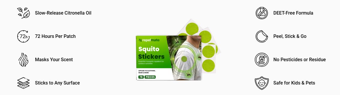 RepelLent Mosquito Patches features: citronella, 72 hours, DEET-free, kid safe